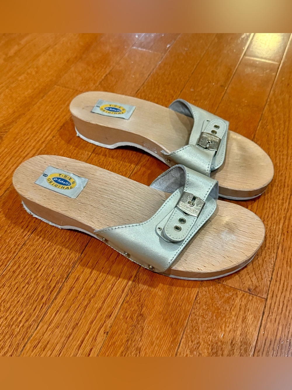 Vintage Dr. Scholl's Women’s 8 Original Wooden Sandals Gold Leather Slides Italy